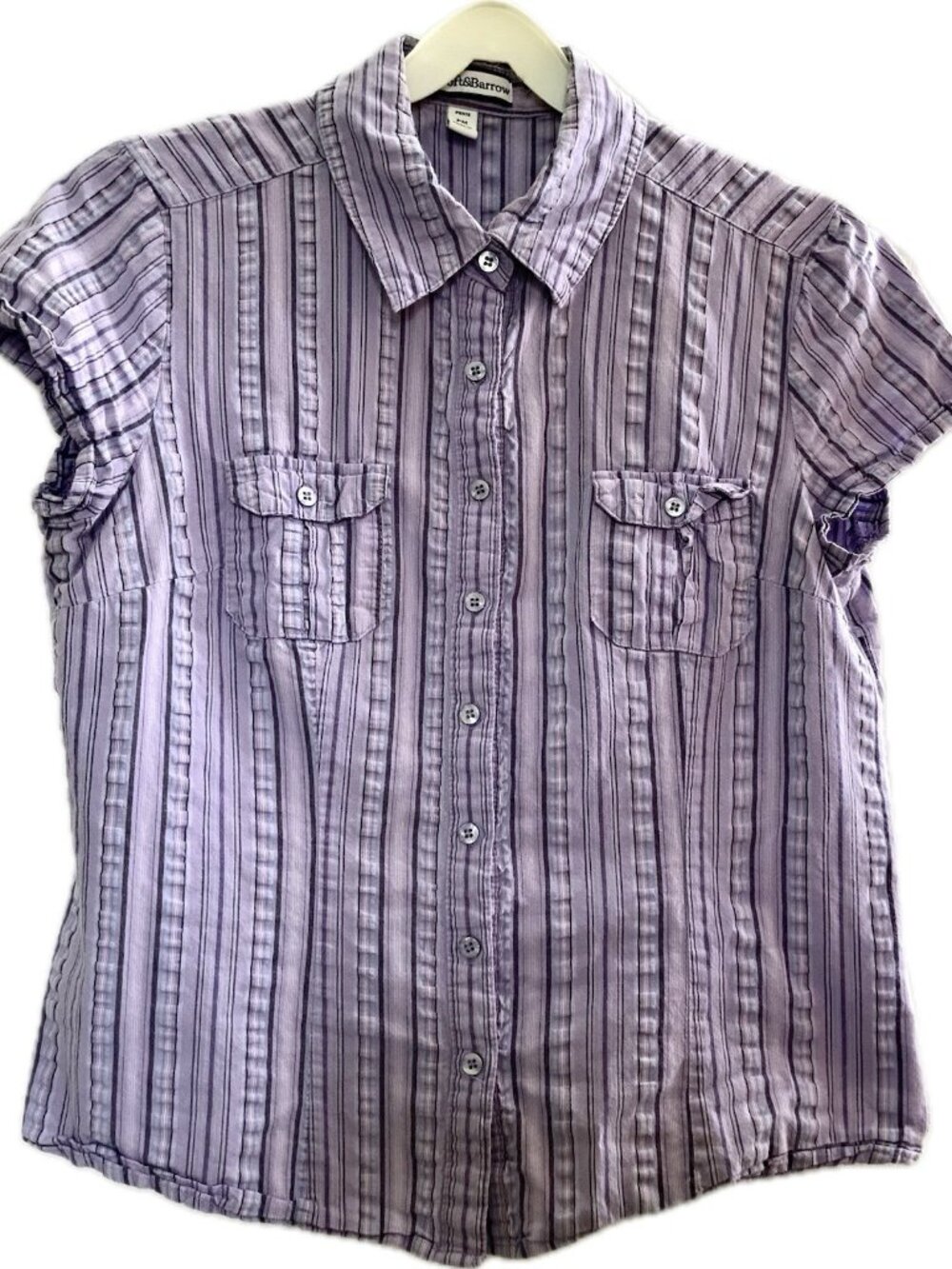 90s Croft&Barrow PM Fitted Button Up Plaid SeerSucker Short Sleeve Blouse Lilac